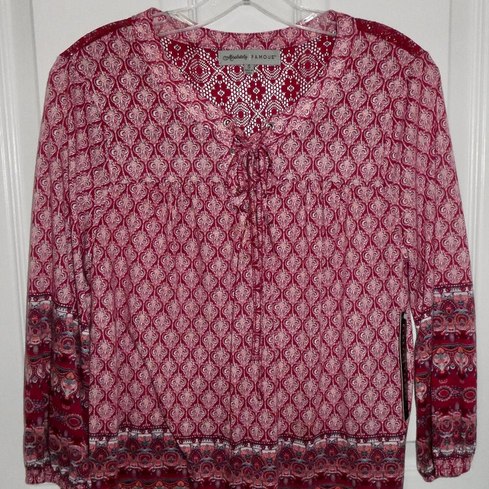 BRAND NEW ABSOLUTELY FAMOUS MAROON BURGUNDY PATTERNED WOMENS SHIRT FRONT TIE S